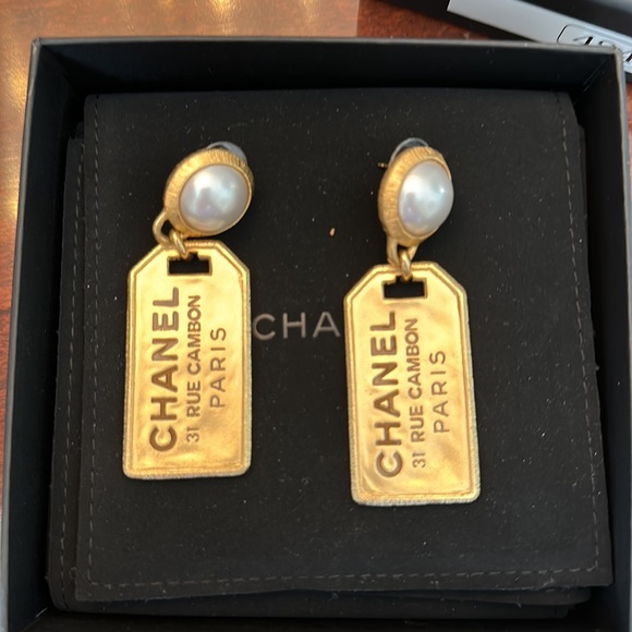 CHANEL Jewelry - Chanel tag earrings with Pearl